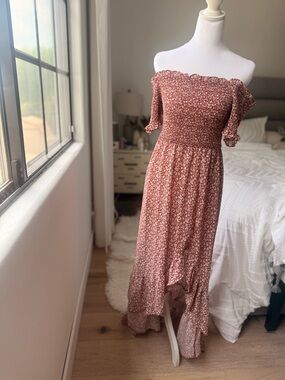 Francesca's Collections Dusty Rose Floral Off-Shoulder Maxi Dress